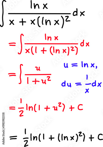 Step by step calculus solution of integral with natural logarithm using substitution method clearly showing transformation and final result.