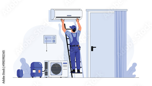 Professional HVAC technician climbs a sturdy ladder to install or repair a modern wall mounted air conditioning unit.