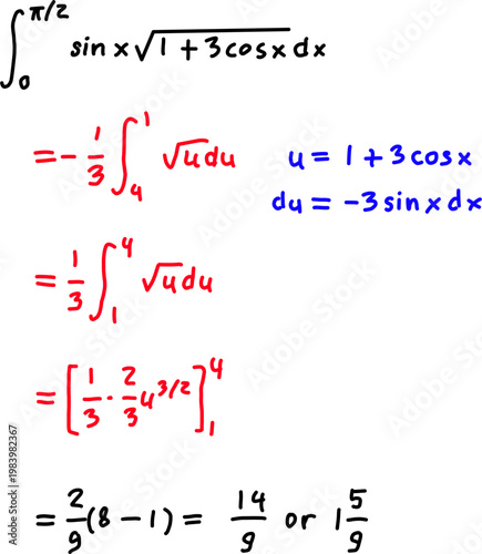 Step by step integral calculus solution using substitution method with trigonometric function and square root shown in clear math notation.
