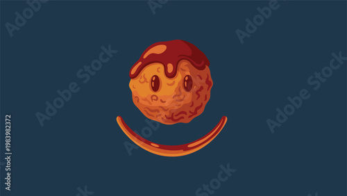 Single round meatball coated in rich brown sauce with cute eyes and a sauce smile underneath against a dark navy blue background.