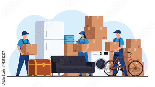 Professional movers in blue uniforms loading boxes and furniture including a sofa, fridge, and bicycle for residential relocation service.