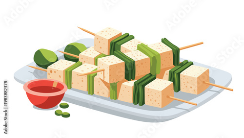 Plate of grilled tofu skewers with green vegetables served with a side of dipping sauce and whole limes in a clean isometric illustration.