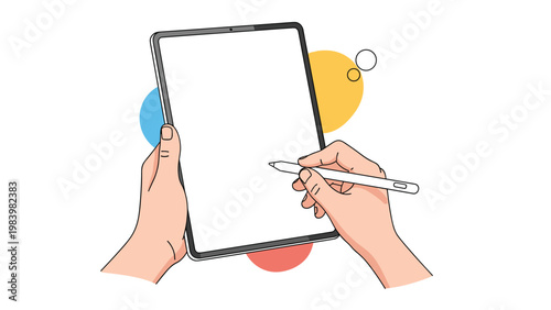 Pair of hands holding a white tablet and drawing with a stylus pen against a background of colorful circles for creative design themes.