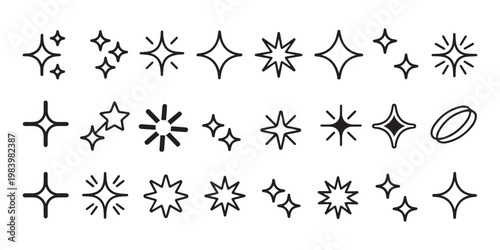 Collection of simple star and sparkle icons, clean line art with white background.