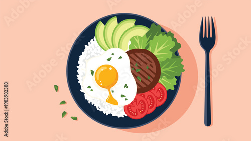 Delicious healthy breakfast bowl featuring white rice, fried egg, sliced avocado, grilled meat patty, fresh tomatoes, and green lettuce.