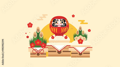 Traditional Japanese New Year decoration featuring a red Daruma doll, kadomatsu bamboo arrangements, and mochi on a warm yellow background.