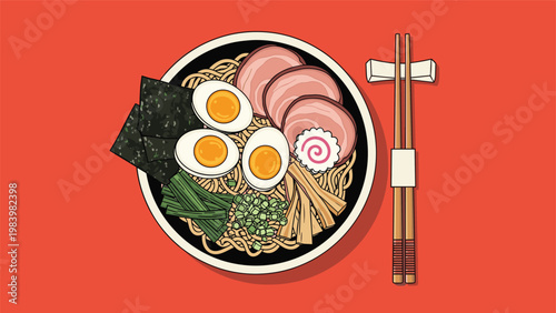 Top view of a steaming bowl of ramen noodles with pork slices, soft boiled eggs, seaweed, narutomaki, and green onions on a red background.