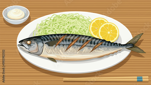 Perfectly grilled mackerel fish served on a white plate with shredded cabbage and lemon slices on a wooden table background.