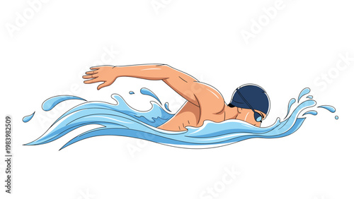 Male swimmer performing front crawl stroke in blue splashing water against a white background with a dynamic movement.