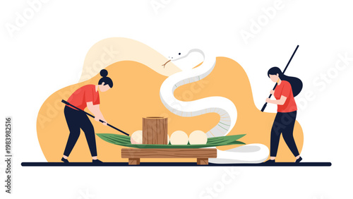 Two people in red shirts preparing large white dumplings on a platter while a giant white snake weaves through the background.