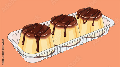 Three creamy caramel puddings topped with chocolate sauce neatly arranged in a clear plastic takeaway container on a pink background.