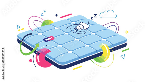 Comfortable blue mattress with a person sleeping soundly on a white pillow surrounded by colorful abstract geometric shapes and clouds.