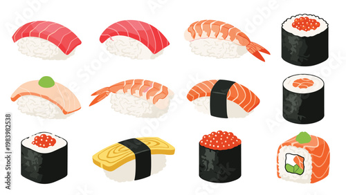 Collection of twelve different types of sushi including nigiri, maki rolls, and gunkan with salmon, tuna, shrimp, and roe.