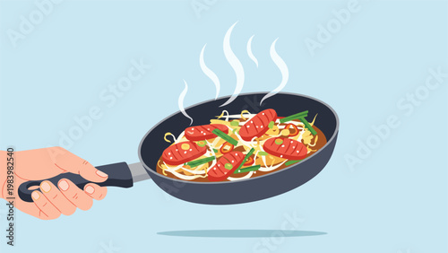 Hand holding a frying pan filled with steaming hot stir fried sausages and vegetables over a light blue background for cooking.