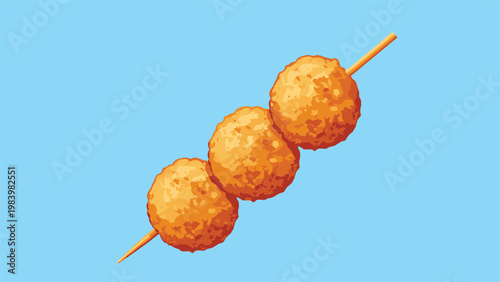 Three golden brown fried dough balls arranged on a long wooden skewer against a clear blue background as a tasty street snack.