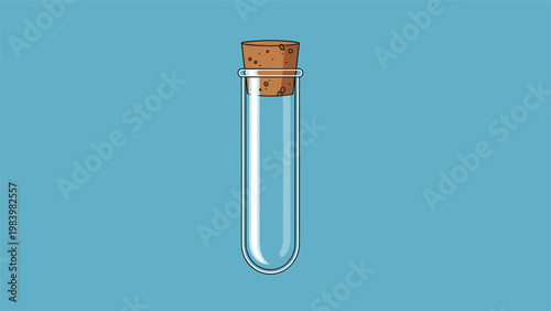 Single empty glass test tube with a brown cork stopper standing vertically against a solid blue background for scientific research.