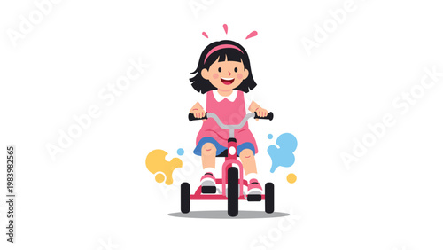 Happy young girl with a pink headband and dress riding a red tricycle with colorful paint splashes in the background.