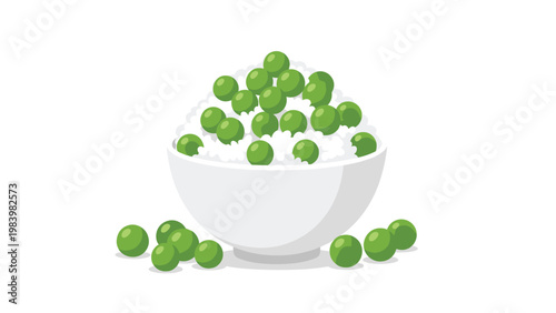 White bowl filled with white rice and topped with numerous bright green peas with more peas scattered around the base on white.