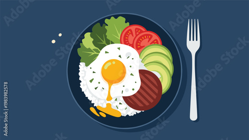 Overhead view of a healthy rice bowl topped with a fried egg, hamburger patty, avocado slices, lettuce, and tomatoes on a blue table.