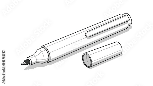 Detailed black and white technical drawing of a felt tip marker pen with its cap removed and placed beside it on a white surface.