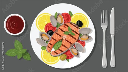 Elegant seafood plate featuring a grilled salmon steak, clams, olives, tomatoes, and lemon slices served with a side of sauce.