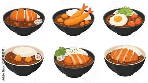 Collection of six different Japanese curry rice dishes featuring various toppings like tonkatsu, shrimp tempura, egg, and vegetables.