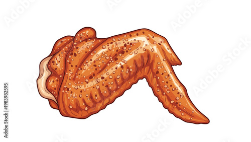 Single crispy golden brown fried chicken wing seasoned with pepper and spices isolated on a plain white background for food menu.