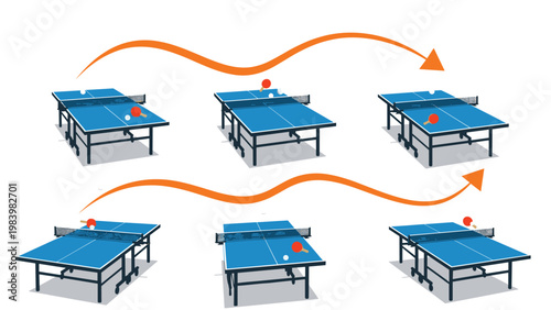 Sequence of illustrations demonstrating the trajectory of a table tennis ball across multiple tables with orange arrows indicating movement.