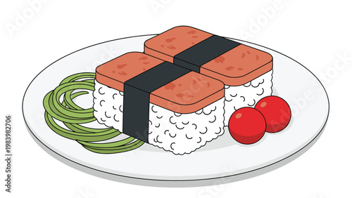 Plate of spam musubi showing two pieces of rice topped with grilled meat and wrapped in seaweed with cucumber and cherry tomatoes.