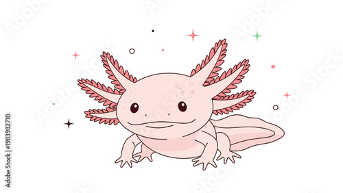 Adorable pink axolotl salamander with external gills and a friendly smile surrounded by colorful stars and circles.