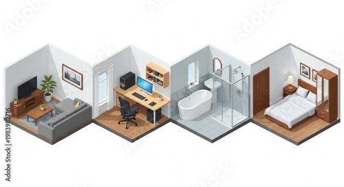 Isometric cross section of modern apartment rooms showing living room office bathroom and bedroom.