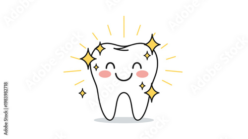 Cute character of a white tooth with a happy smiling face surrounded by yellow sparkles representing dental health and hygiene.