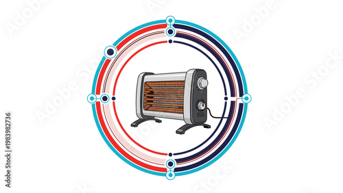 Portable electric space heater centered within a technical circular frame suggesting heating efficiency and modern home technology.