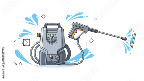 Professional high pressure washer machine with spray gun and water splashes designed for heavy duty cleaning tasks.