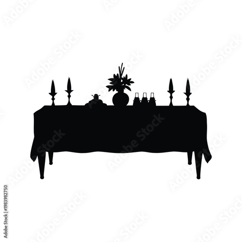 Elegant dining table with candle holders and vase silhouette vector illustration, christmas dinner table silhouette vector illustration