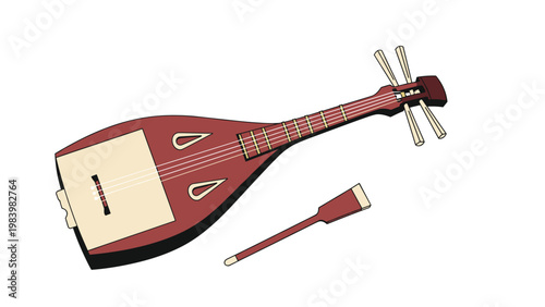 Traditional Japanese biwa lute with a dark wood body and light soundboard shown with its characteristic plectrum.