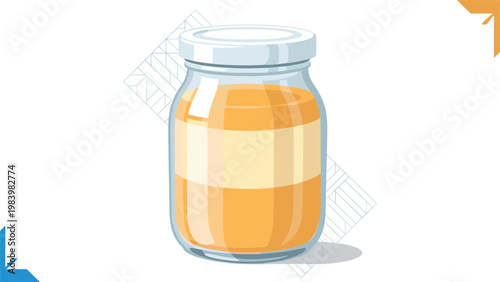 Clear glass jar filled with golden honey featuring a blank label and a white lid on a simple patterned background.