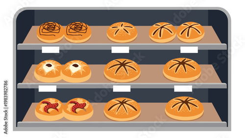 Well stocked bakery display case with three shelves filled with various fresh breads buns and pastries.