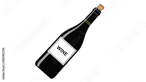 Dark glass wine bottle with a simple white label and a natural cork partially inserted on a white background.