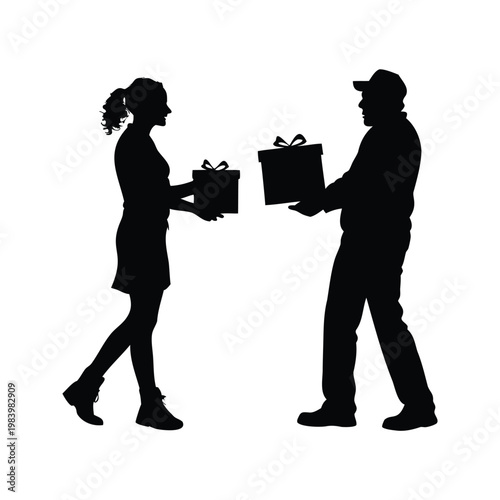 silhouette of two people exchanging gifts vector illustration, christmas gift exchange silhouette vector illustration
