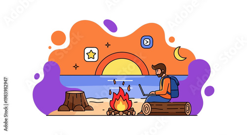 A person sits by a campfire on a beach at sunset with a serene ocean view and a vibrant sky.