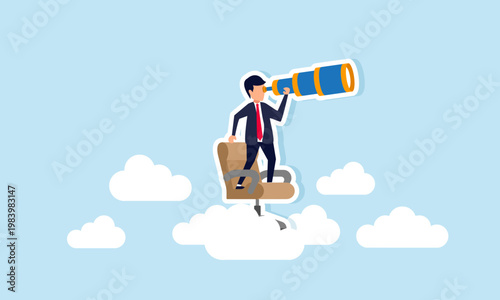 Businessman standing on office chair above clouds using telescope illustration of observing business competitors and market analysis concept