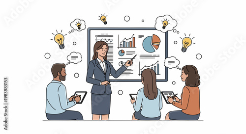 Business team engaging in brainstorming session with leader presenting on whiteboard