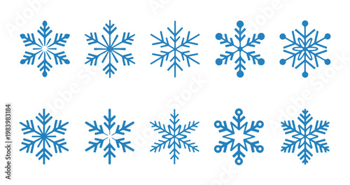 Blue snowflake icons collection for winter season weather maps and christmas holiday celebration designs.