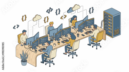 Office workers collaborate at a long desk with computers and servers