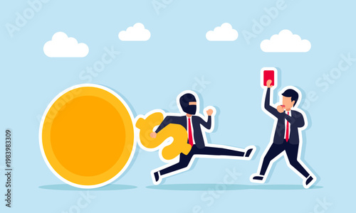Businessman blowing whistle and showing red card to thief stealing dollar symbol illustration of business corruption violation and fraud warning