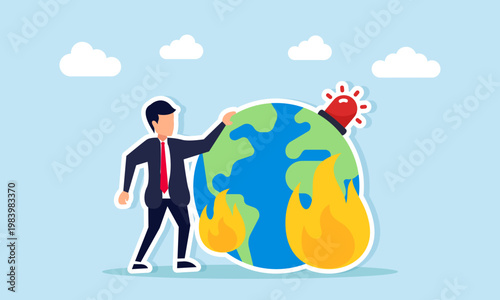 Businessman standing near burning globe with alarm light symbol illustration of global economic crisis warning