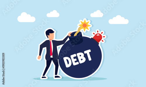 Businessman standing near bomb labeled debt with alarm light symbol illustration of business debt repayment deadline warning