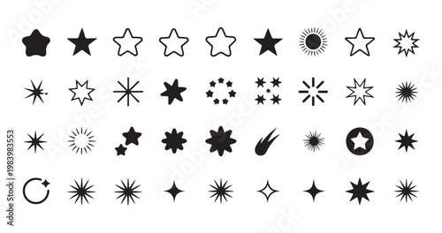 Set of diverse star shapes and celestial elements like sun and comet, modern graphic icons.