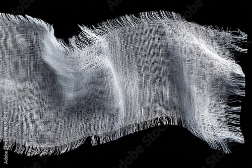 A piece of sheer gauze fabric with frayed edges isolated on black.